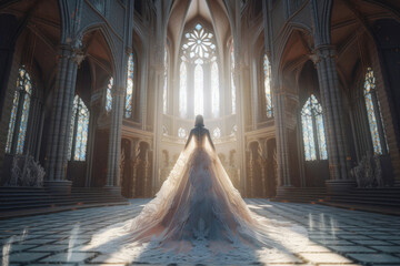Wedding Dress hovering in the interior of tall Gothic futuristic cathedral. Generative AI