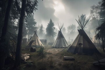 Native american teepees in forest cloudy weather. Generative AI
