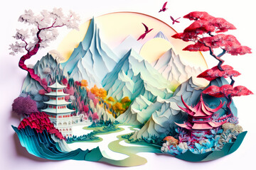 Image of mountain scene with pagoda and river in the foreground. Generative AI.