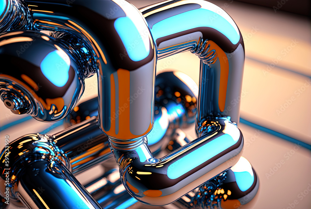 Poster Abstract chrome pipes composition. Industry themed background with shiny metallic connected pipes. Generated AI.
