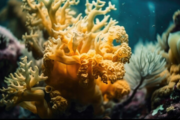 Beautiful yellow fish and sea corals landscape background. Generative AI