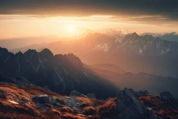 Mountain landscape at sunset. Generative AI