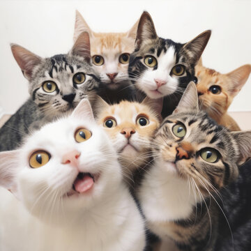 Selfie of several curious cats