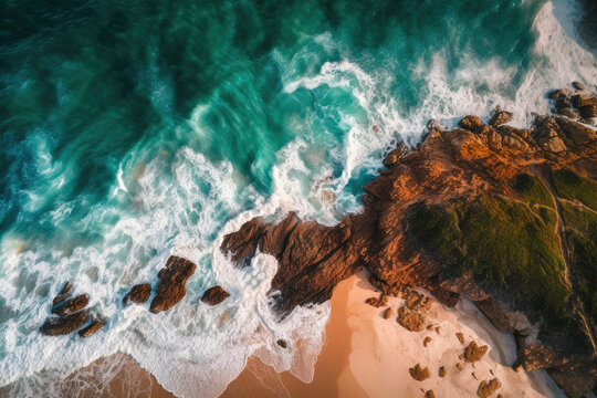 A vibrant aerial view of the beach. Generative AI