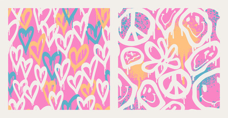 Groovy smile seamless patterns pack in Urban street art graffiti style. Graphic underground print with hearts and funny happy daisy. Retrowave with 90s style for kids. Underground design in neon pink