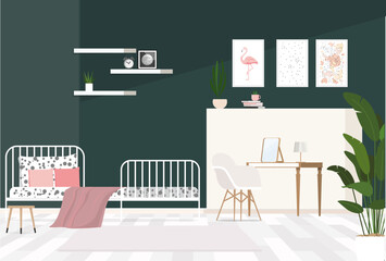 Posters on green wall in girl's bedroom interior with white bed and chair at dressing table