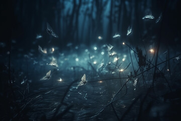 Fototapeta na wymiar Magical Firefly in Night Forest. Abstract Fairy Tale Art. Generative AI Background