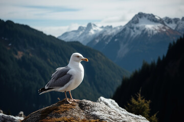 Seagull perching on a rocky outcrop surrounded by majestic mountains. Generative AI