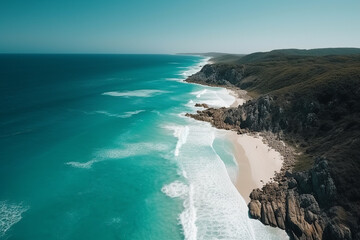 A stunning sandy beach from above, with a turquoise sea and breathtaking cliffs. Generative AI