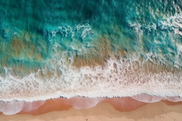 Fototapeta na wymiar Aerial view of a summer beach, blue ocean, waves. Copy space background. Generative AI