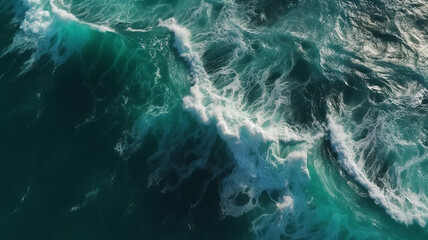 Top view of ocean waves in dark aquamarine and green, with realistic textures. Generative AI