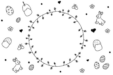 Vector. Cute hand drawn Easter horizontal background with bunnies, easter eggs. Festive background with Easter linear symbols. Copy space for text. Design cards, banners and other promotional items.