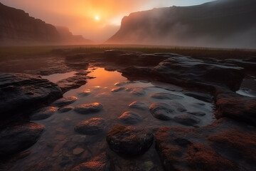 Fototapeta na wymiar Majestic foggy sunrise at mountain plateau. Generative AI