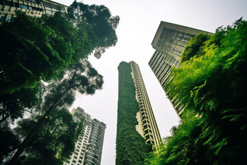 Vertical gardens in city skyline improve air quality and reduce heat effect. Generative AI