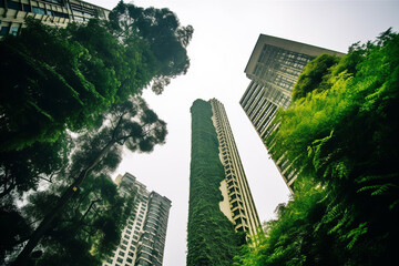 Naklejka premium Vertical gardens in city skyline improve air quality and reduce heat effect. Generative AI