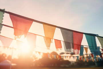 Colorful fair flag bunting at sunrise for festive celebrations. Generative AI