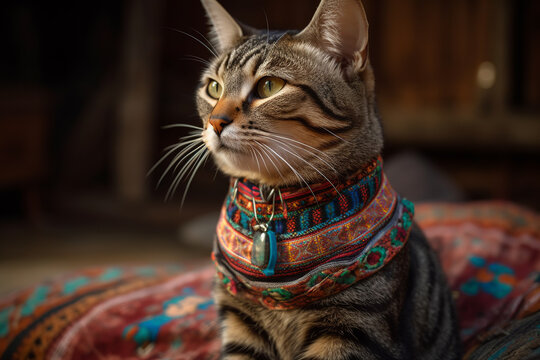 A cat dressed in ceremonial attire for a spiritual occasion. Generative AI