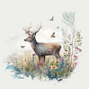 A Watercolor Gentle Deer Generative Ai