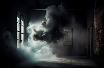 Free smoke on the grey-shaped scene background image, moody, mysterious backdrops, dark. Generative AI.

