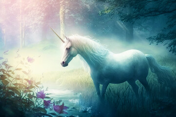 Naklejka na ściany i meble White unicorn standing in forest next to stream of water and flowers. Generative AI.
