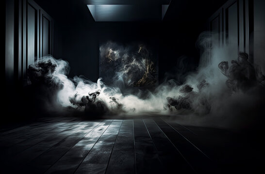 Free smoke on the grey-shaped scene background image, moody, mysterious backdrops, dark. Generative AI.

