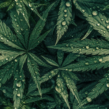 Fresh cannabis leaves seamless background, dorned with glistening droplets of water. Top down view. AI generative