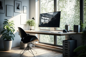 Desktop computer sitting on top of wooden desk next to window. Generative AI.