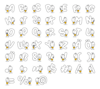 Stick figures. Alphabet. Isolated on white background. Hand drawn Doodle Line Art Cartoon Design character.