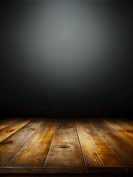 Empty room with wooden floor and black wall in the background. Generative AI.
