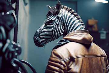 Obraz na płótnie Canvas Statue of zebra wearing leather jacket and leather jacket on its head. Generative AI.