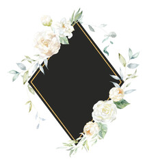 Frame with white Flowers Peony and Gardenia. Watercolor Illustration.
