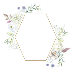 Frame with white Rose Flowers. Watercolor Illustration.
