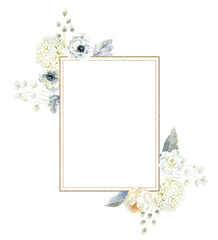 Frame with white Flowers Anemone, Hydrangea, Peony and Gardenia. Watercolor Illustration.