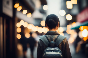 Portrait of Korea travel asian tourist chinese woman walking in shopping market street food alley. Travel concept. Generative AI