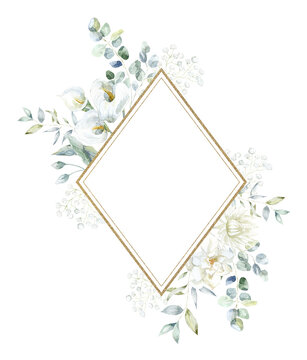 Frame with white Flowers Calla, Gardenia and Protea. Watercolor Illustration.