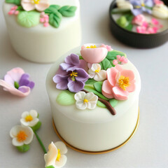 Fototapeta na wymiar cute appetizing bento cake. Korean mini cakes with funny decor