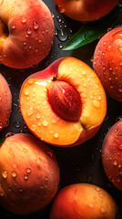 Naklejka na ściany i meble Сlose-up of an peaches with water drops on it as background