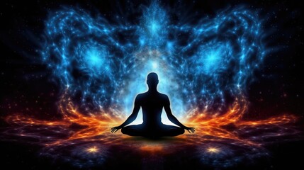 Fiery Starlit Meditation in Lotus Position (AI Generated).