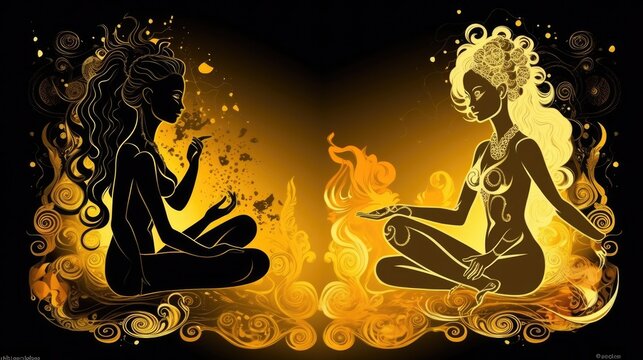 Celestial Fire Goddess and Meditating Girl (AI Generated).