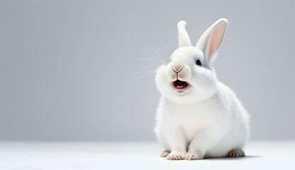 Obraz premium cute animal pet rabbit or bunny white color smiling and laughing isolated with copy space for easter background, rabbit, animal, pet, cute, fur, ear, mammal, background, celebration, generate by AI