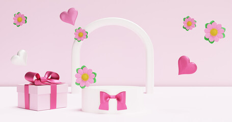 Podium pedestal with heart flowers. Advertising product demonstration, showcase. 3d rendering