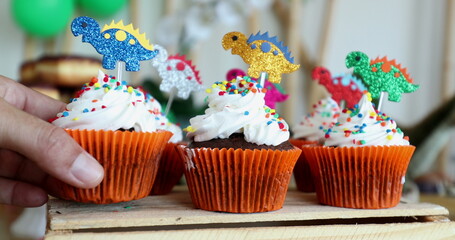Placing cupcake at birthday party decor table