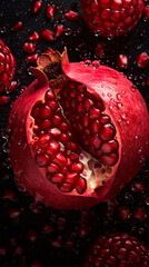 Сlose-up of an pomegranate with water drops on it as background