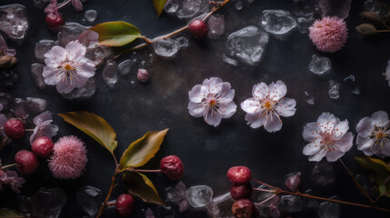 Naklejka na ściany i meble frosty background of sakura flowers with pieces of ice, a variety of weaving branches and delicate flowers of Japanese cherry. Generative AI.