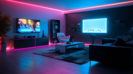 Lounge with a large TV and subtle RGB lighting