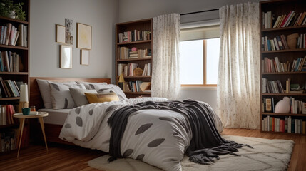 King size bed with a large window covered with curtains and sunlight falling through