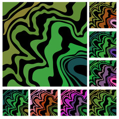 Fototapeta premium Illusion of deception with 3D effect. A set of patterns from multi-colored wavy lines of different thicknesses. Beautiful pattern of topographic lines. The luxury of nature in dark colors.