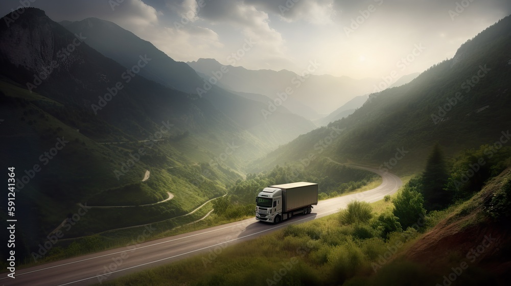 Wall mural Cargo Truck on Open Highway from Aerial View - Wall murals