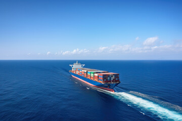 Fototapeta premium Cargo Ship Crossing Open Ocean Under Clear Blue Sky