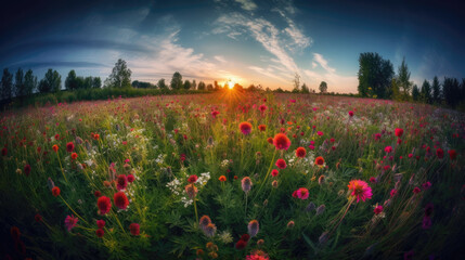Sunset over poppies field in summer. Beautiful landscape.